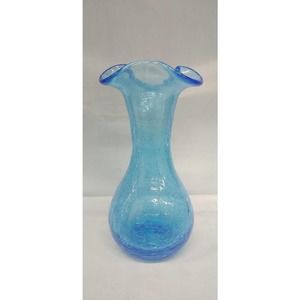 Vintage Art Glass Vase Hand Blown Blue Crackle Tri Ruffled Top Blue crackle vase